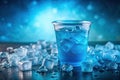Icy blue refreshment in a plastic cup surrounded by cubes of ice on a dark reflective surface. Generative AI Royalty Free Stock Photo