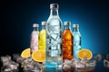 Icy brilliance enhances the allure of vibrant cocktail bottles in various colors