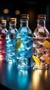 Icy brilliance enhances the allure of vibrant cocktail bottles in various colors