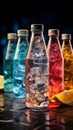 Icy brilliance enhances the allure of vibrant cocktail bottles in various colors