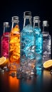 Icy brilliance enhances the allure of vibrant cocktail bottles in various colors