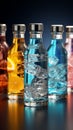 Icy brilliance enhances the allure of vibrant cocktail bottles in various colors
