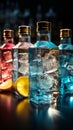 Icy brilliance enhances the allure of vibrant cocktail bottles in various colors