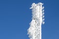 Icy cellular base station antenna covered with snow. Cell site tower on moutain hill