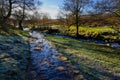 Icy cobbled path leads down to a wooden bridge across Burbage Brook