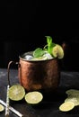 Icy Cold Moscow Mule Coctail on Copper Mug with Ginger Beer, Lime, and Vodka, Garnish with Mint Leaf. Isolated on Black Slate