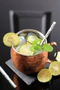 Icy Cold Moscow Mule Coctail on Copper Mug with Ginger Beer, Lime, and Vodka, Garnish with Mint Leaf. Isolated on Black Slate