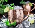 Icy cold Moscow Mules cocktail in the cooper cup. Close-up Royalty Free Stock Photo