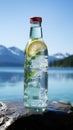 Icy cool water bottle, contrasting a tranquil blue background