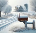 An Icy Country Road Landscape Scene with a Rusty Mailbox in Winter Old Homestead House Property AI Generated