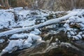 View of an icy creek flowing in winter season. Royalty Free Stock Photo