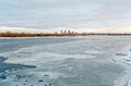 The icy Dnieper riverbed and distant Kiev Royalty Free Stock Photo