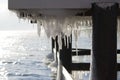 An icy dock for boats. Icicles. Water in the lake. Climate. Baikal in January. Listvyanka.