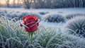 Icy Elegance: Red rose & frost-kissed grass tell a wintery tale under overcast sky., generative ai Royalty Free Stock Photo