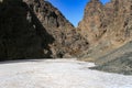 Icy entrance of the Yolyn Am or Yoliin Am canyon in spring, Gobi Gurvansaikhan National Park. Gobi desert, Mongolia Royalty Free Stock Photo