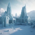 Icy frozen city, ancient buildings with towers covered with snow and ice, fantastic landscape,