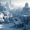 Icy frozen city, ancient buildings with towers covered with snow and ice, fantastic landscape,