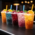 Icy fruit slushies stand united in plastic cups, forming a chilly lineup