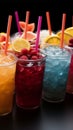 Icy fruit slushies stand united in plastic cups, forming a chilly lineup