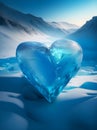 An icy heart in winter on snow and ice against the backdrop of mountains. The concept of coldness of feelings, indifference,