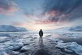 Icy lake vista, mans walking tour with natural background silhouette