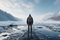 Icy lake vista, mans walking tour with natural background silhouette