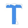 Icy letter T with a snow cap. Decorative winter font Royalty Free Stock Photo