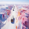 Icy Pastel Convoy: Group of Trucks Navigating a Frozen Landscape