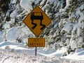 Icy patches road warning sign on ice and deep snow Royalty Free Stock Photo