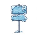 Icy Pixel Sign Post in Winter with Arrow Direction and Snow Covered in Blue and White Royalty Free Stock Photo