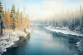 icy river bend with forested shoreline