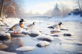 icy river with snowbanks and ducks