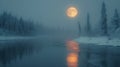 icy rivers wind through frozen forests, and the moon casts an ethereal glow upon the silent, snow-covered landscape