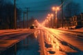 icy road reflecting streetlights during nighttime drive
