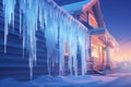 Frozen winter season cold house frost white snow ice icicle day nature background Royalty Free Stock Photo