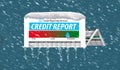 An icy, snow covered credit report in a snowstorm illustrates the idea of freezing your credit report.