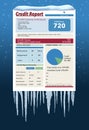 An icy, snow covered credit report in a snowstorm illustrates the idea of freezing your credit report. This is a credit freeze