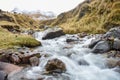 An icy stream flows with glacial waters from the mountains in Cusco`s Sacred Valley. Peru