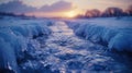 Icy Terrain, Close-Up of a Frozen River with Intricate Ice Patterns, Soft Morning Light, Capturing the Beauty and Danger