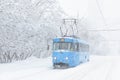 Icy tram during snowstorm in winter Moscow, Russia Royalty Free Stock Photo