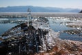 Icy transparent shiny icicles by the lake