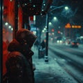 Icy Wait, Close-Up of a Person Waiting at a Bus Stop, Cheeks Red and Chapped, Snowfall Around, Street Lights