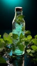 Icy water bottle adorned with mint leaves, glistening from condensation and droplets