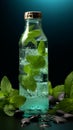 Icy water bottle adorned with mint leaves, glistening from condensation and droplets