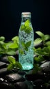 Icy water bottle adorned with mint leaves, glistening from condensation and droplets