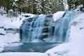 Icy waterfal in Czech republic blue water waterfal steps snow on both sides black stone long exposure Royalty Free Stock Photo