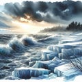 Icy Waves and Dark Clouds Royalty Free Stock Photo