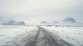Icy White Road Leading To Snow Covered Mountains - Tundra Photo