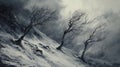 Icy wind blowing through bare trees on snowy hillside . Royalty Free Stock Photo