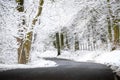 Icy winding narrow country road passing under canopy of trees in winter covered in fresh snow. Cold scene snowy landscape Royalty Free Stock Photo